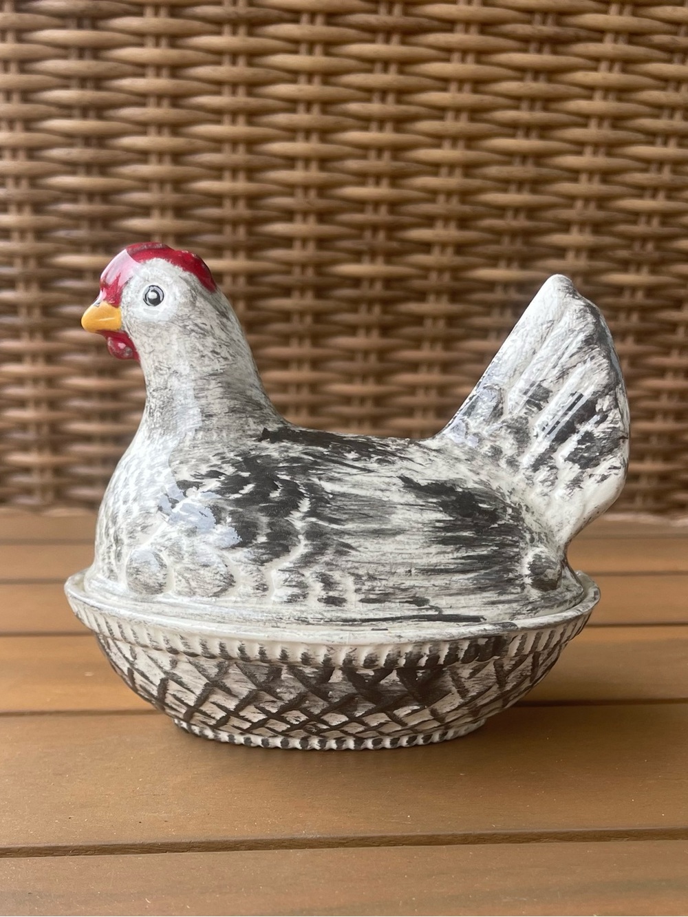 Ceramic vintage 1980’s hand painted black and white hen on nest Lidded dish
